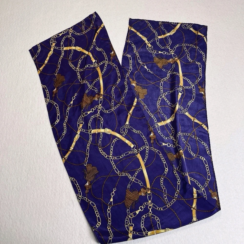 Silk Scarf Equestrian Bits Belts Chains‎ Tassels Purple Gold Lovely 52 X 10